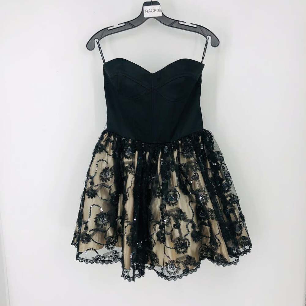 Vintage 80s Jessica McClintock Cocktail Dress Junior 7 Black/Tan Sweetheart Neck